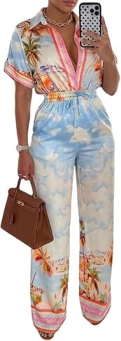 CHICME Boho Jumpsuit for Women Floral Short Sleeve Wide Leg Romper with Pockets One Piece Vacation Outfits in Kuwait