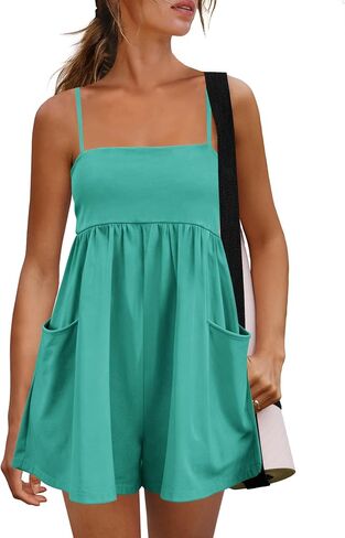 Panadila Womens Summer Rompers Beach Vacation Clothes Spaghetti Strap Short Jumpsuits Square Neck Dress with Pockets in Saudi Arabia