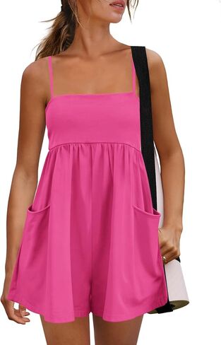 Panadila Womens Summer Rompers Beach Vacation Clothes Spaghetti Strap Short Jumpsuits Square Neck Dress with Pockets in Saudi Arabia