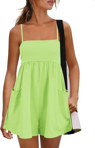 Panadila Womens Summer Rompers Beach Vacation Clothes Spaghetti Strap Short Jumpsuits Square Neck Dress with Pockets in Saudi Arabia