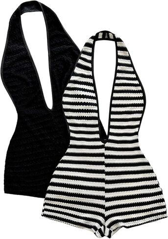 WDIRARA Women's Striped Textured Backless Halter Jumpsuits Deep V Neck Sleeveless One Piece Romper in Saudi Arabia
