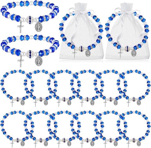 Junkin 12 Pcs Rosary Bracelet for Women Bulk First Communion Gifts Catholic with Mesh Bags Religious Beaded Stretch Rosary Bead Bracelet with Crucifix Cross and Magical Medallion Christening in Kuwait