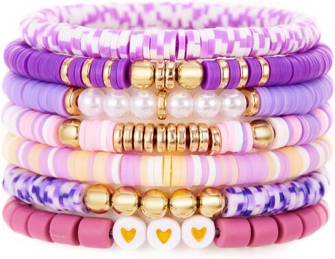 Boho Heishi Clay Beaded Stretch Bracelets Stack For Women, Preppy Teens Friendship Gold Bracelets Cute Beach Surfer Accessories Bulk Set Trendy Fashion Jewelry in Kuwait