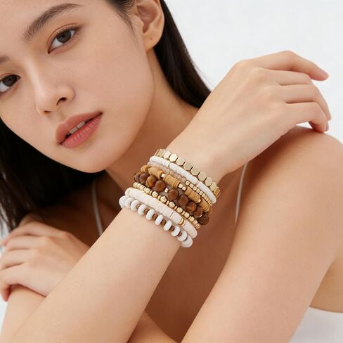 Boho Heishi Clay Beaded Stretch Bracelets Stack For Women, Preppy Teens Friendship Gold Bracelets Cute Beach Surfer Accessories Bulk Set Trendy Fashion Jewelry in Saudi Arabia