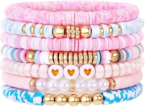Boho Heishi Clay Beaded Stretch Bracelets Stack For Women, Preppy Teens Friendship Gold Bracelets Cute Beach Surfer Accessories Bulk Set Trendy Fashion Jewelry in Saudi Arabia