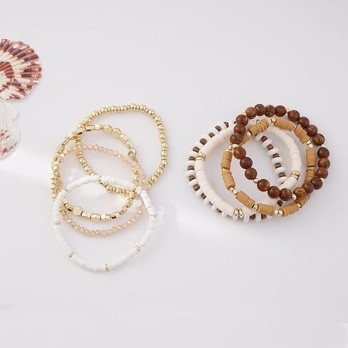 Boho Heishi Clay Beaded Stretch Bracelets Stack For Women, Preppy Teens Friendship Gold Bracelets Cute Beach Surfer Accessories Bulk Set Trendy Fashion Jewelry in Saudi Arabia