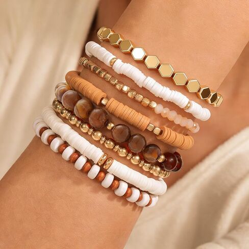 Boho Heishi Clay Beaded Stretch Bracelets Stack For Women, Preppy Teens Friendship Gold Bracelets Cute Beach Surfer Accessories Bulk Set Trendy Fashion Jewelry in Saudi Arabia