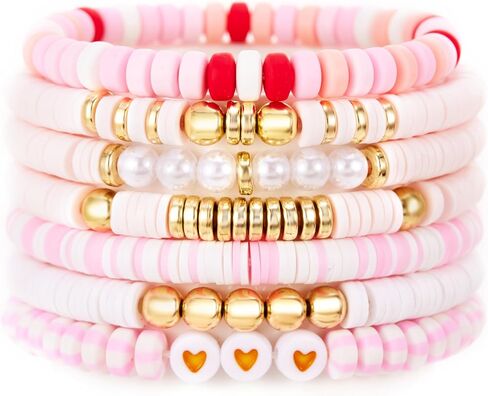 Boho Heishi Clay Beaded Stretch Bracelets Stack For Women, Preppy Teens Friendship Gold Bracelets Cute Beach Surfer Accessories Bulk Set Trendy Fashion Jewelry in Saudi Arabia