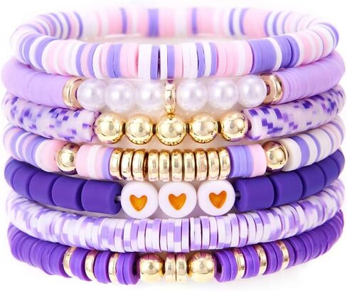 Boho Heishi Clay Beaded Stretch Bracelets Stack For Women, Preppy Teens Friendship Gold Bracelets Cute Beach Surfer Accessories Bulk Set Trendy Fashion Jewelry in Saudi Arabia