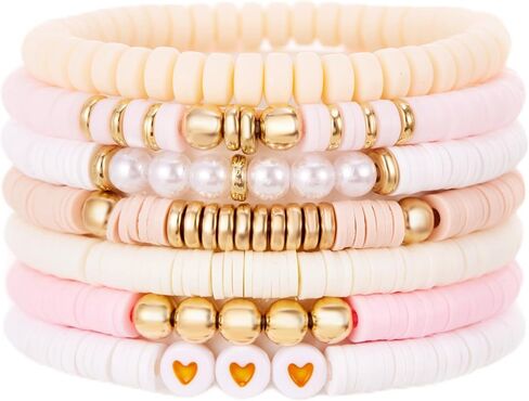 Boho Heishi Clay Beaded Stretch Bracelets Stack For Women, Preppy Teens Friendship Gold Bracelets Cute Beach Surfer Accessories Bulk Set Trendy Fashion Jewelry in Saudi Arabia