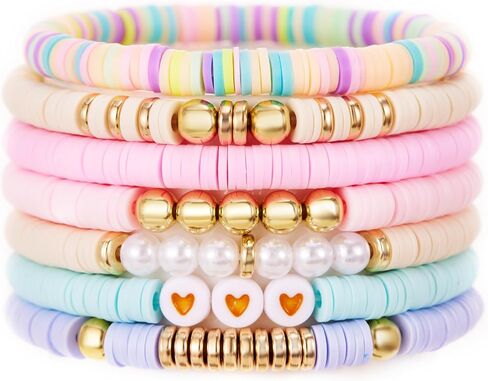 Boho Heishi Clay Beaded Stretch Bracelets Stack For Women, Preppy Teens Friendship Gold Bracelets Cute Beach Surfer Accessories Bulk Set Trendy Fashion Jewelry in Saudi Arabia