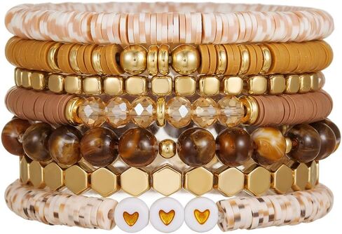 Boho Heishi Clay Beaded Stretch Bracelets Stack For Women, Preppy Teens Friendship Gold Bracelets Cute Beach Surfer Accessories Bulk Set Trendy Fashion Jewelry in Saudi Arabia