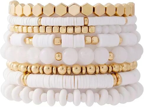 Boho Heishi Clay Beaded Stretch Bracelets Stack For Women, Preppy Teens Friendship Gold Bracelets Cute Beach Surfer Accessories Bulk Set Trendy Fashion Jewelry in Saudi Arabia