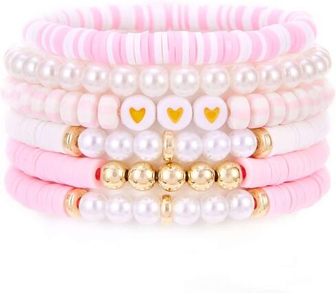 Boho Heishi Clay Beaded Stretch Bracelets Stack For Women, Preppy Teens Friendship Gold Bracelets Cute Beach Surfer Accessories Bulk Set Trendy Fashion Jewelry in Saudi Arabia