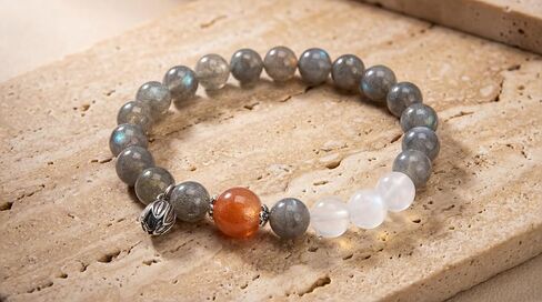 Natural Labradorite Sunstone White Crystal Beaded Bracelet | Silver Charm, Gemstone, Stretch in Saudi Arabia