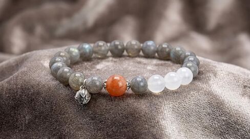 Natural Labradorite Sunstone White Crystal Beaded Bracelet | Silver Charm, Gemstone, Stretch in Saudi Arabia