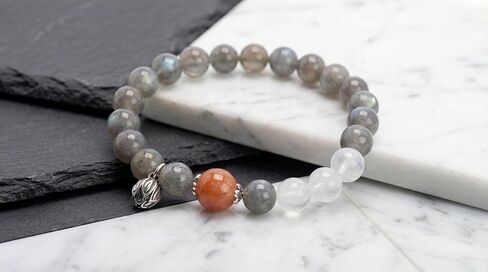 Natural Labradorite Sunstone White Crystal Beaded Bracelet | Silver Charm, Gemstone, Stretch in Saudi Arabia