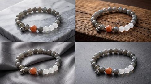 Natural Labradorite Sunstone White Crystal Beaded Bracelet | Silver Charm, Gemstone, Stretch in Saudi Arabia