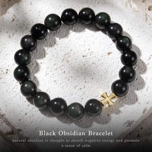 Handmade Yoga Stretch Bracelets For Women, Men's Black Obsidian Bracelets, Black Beaded Unisex Cross Bracelet for Meditation, Yoga, Spiritual Wellbeing & Positive Energy in Kuwait