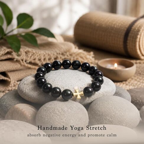 Handmade Yoga Stretch Bracelets For Women, Men's Black Obsidian Bracelets, Black Beaded Unisex Cross Bracelet for Meditation, Yoga, Spiritual Wellbeing & Positive Energy in Kuwait