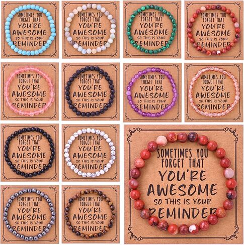 12Pcs Handmade 6mm Natural Stone Beaded Bracelets Set for Women Men, Elastic Stretch Crystal Quartz Glass Bead Bracelets with Inspirational Message Cards, Healing Chakra Bracelet Bulk for Birthday, Christmas, Friendship Gift in Kuwait