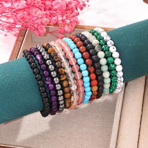 12Pcs Handmade 6mm Natural Stone Beaded Bracelets Set for Women Men, Elastic Stretch Crystal Quartz Glass Bead Bracelets with Inspirational Message Cards, Healing Chakra Bracelet Bulk for Birthday, Christmas, Friendship Gift in Kuwait
