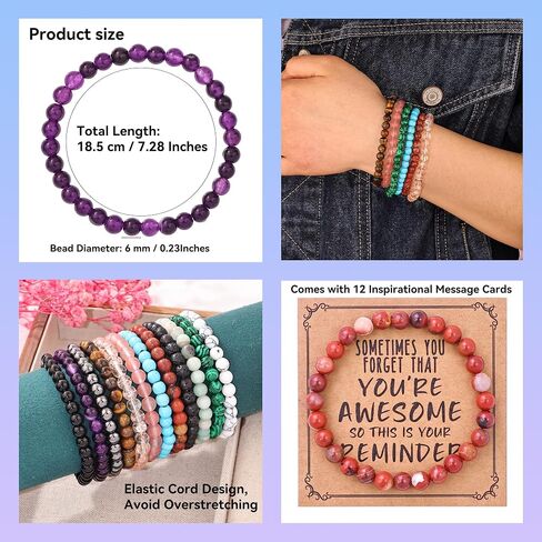 12Pcs Handmade 6mm Natural Stone Beaded Bracelets Set for Women Men, Elastic Stretch Crystal Quartz Glass Bead Bracelets with Inspirational Message Cards, Healing Chakra Bracelet Bulk for Birthday, Christmas, Friendship Gift in Kuwait