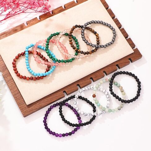 12Pcs Handmade 6mm Natural Stone Beaded Bracelets Set for Women Men, Elastic Stretch Crystal Quartz Glass Bead Bracelets with Inspirational Message Cards, Healing Chakra Bracelet Bulk for Birthday, Christmas, Friendship Gift in Kuwait