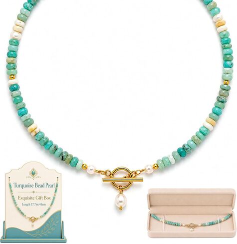 Turquoise Jewelry for Women, Natural Pearls Dainty Handmade Beaded Turquoise Necklace Exquisite Box Gift for Her in Saudi Arabia