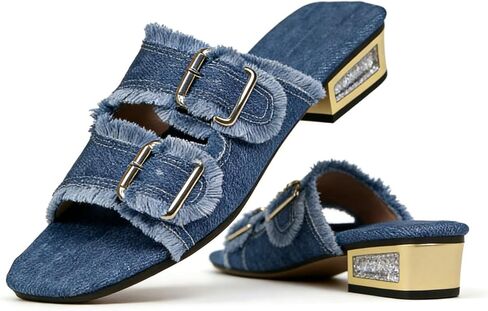 Women's Block Heel Denim Slides Sandals Fashion Two Buckle Strap Slip On Non Slip Square Round Toe Low Heel outdoor Walking Work Sandals for Vacation Daily Wear in Saudi Arabia