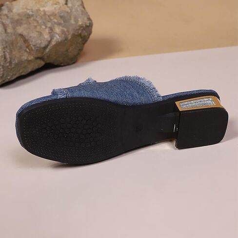 Women's Block Heel Denim Slides Sandals Fashion Two Buckle Strap Slip On Non Slip Square Round Toe Low Heel outdoor Walking Work Sandals for Vacation Daily Wear in Saudi Arabia
