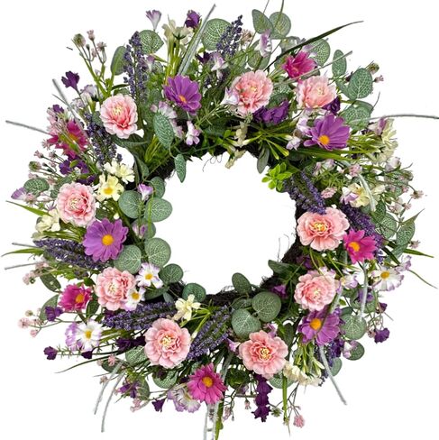 20 Inch Spring Summer Floral Wreaths for Front Door, Colorful Wreath with Eucalyptus & Boxwood, Pink Camellia, Purple Daisy, Lavender for Indoor Outdoor Porch Wall Window Wedding Home Decor in Saudi Arabia
