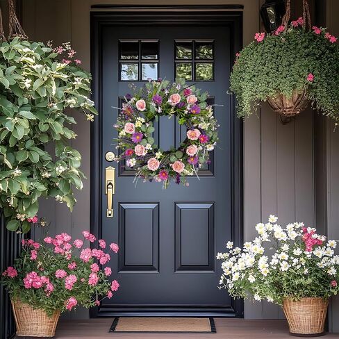 20 Inch Spring Summer Floral Wreaths for Front Door, Colorful Wreath with Eucalyptus & Boxwood, Pink Camellia, Purple Daisy, Lavender for Indoor Outdoor Porch Wall Window Wedding Home Decor in Saudi Arabia