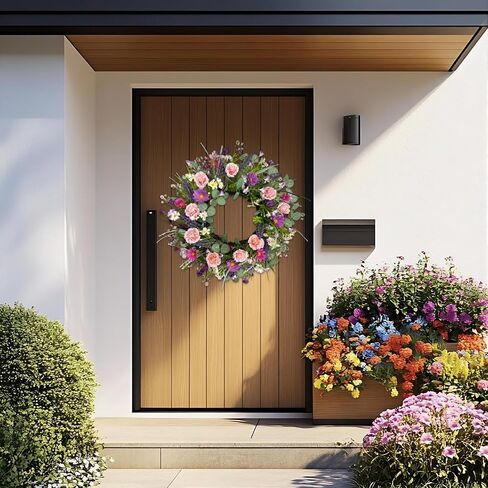 20 Inch Spring Summer Floral Wreaths for Front Door, Colorful Wreath with Eucalyptus & Boxwood, Pink Camellia, Purple Daisy, Lavender for Indoor Outdoor Porch Wall Window Wedding Home Decor in Saudi Arabia