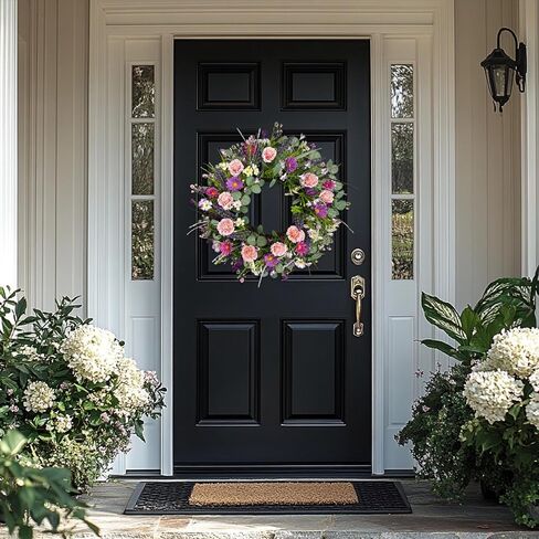 20 Inch Spring Summer Floral Wreaths for Front Door, Colorful Wreath with Eucalyptus & Boxwood, Pink Camellia, Purple Daisy, Lavender for Indoor Outdoor Porch Wall Window Wedding Home Decor in Saudi Arabia