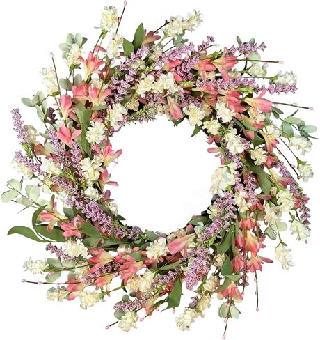 24 Inch Spring Summer Wreath for Front Door – with Colorful Flowers & Green Leaves – Indoor Outdoor Farmhouse Porch Window Wall Decor, All-Season in Saudi Arabia