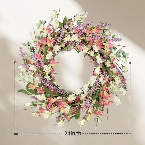 24 Inch Spring Summer Wreath for Front Door – with Colorful Flowers & Green Leaves – Indoor Outdoor Farmhouse Porch Window Wall Decor, All-Season in Saudi Arabia