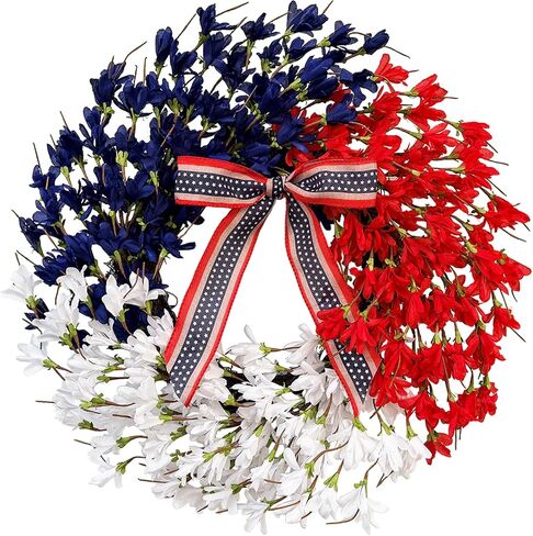 4th of July Wreaths for Front Door 22 Inch, Patriotic Wreath with Red White and Blue Forsythia Flowers for American Memorial Day, Independence Day Decor in Kuwait