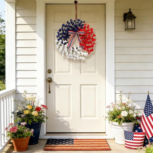 4th of July Wreaths for Front Door 22 Inch, Patriotic Wreath with Red White and Blue Forsythia Flowers for American Memorial Day, Independence Day Decor in Kuwait