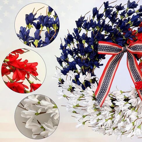 4th of July Wreaths for Front Door 22 Inch, Patriotic Wreath with Red White and Blue Forsythia Flowers for American Memorial Day, Independence Day Decor in Kuwait