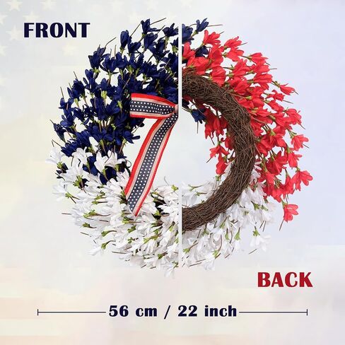4th of July Wreaths for Front Door 22 Inch, Patriotic Wreath with Red White and Blue Forsythia Flowers for American Memorial Day, Independence Day Decor in Kuwait