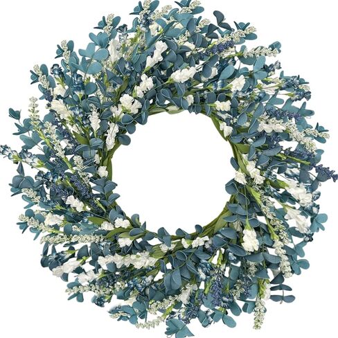 22 Inch Blue Floral Wreath for Front Door, Artificial Spring Summer Wreath with Free Pink Sash, All Seasons Eucalyptus Greenery Wreath for Indoor Outdoor Home Wall Wedding Decor in Kuwait
