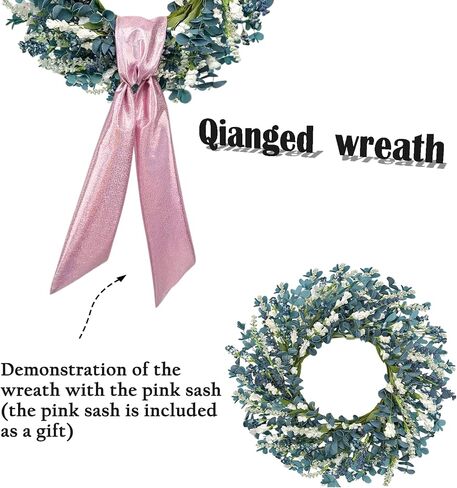 22 Inch Blue Floral Wreath for Front Door, Artificial Spring Summer Wreath with Free Pink Sash, All Seasons Eucalyptus Greenery Wreath for Indoor Outdoor Home Wall Wedding Decor in Kuwait