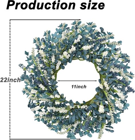 22 Inch Blue Floral Wreath for Front Door, Artificial Spring Summer Wreath with Free Pink Sash, All Seasons Eucalyptus Greenery Wreath for Indoor Outdoor Home Wall Wedding Decor in Kuwait