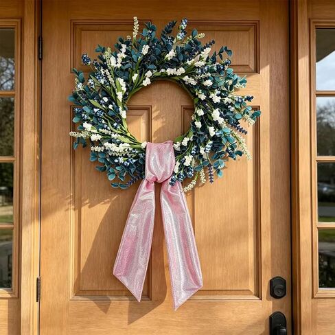 22 Inch Blue Floral Wreath for Front Door, Artificial Spring Summer Wreath with Free Pink Sash, All Seasons Eucalyptus Greenery Wreath for Indoor Outdoor Home Wall Wedding Decor in Kuwait
