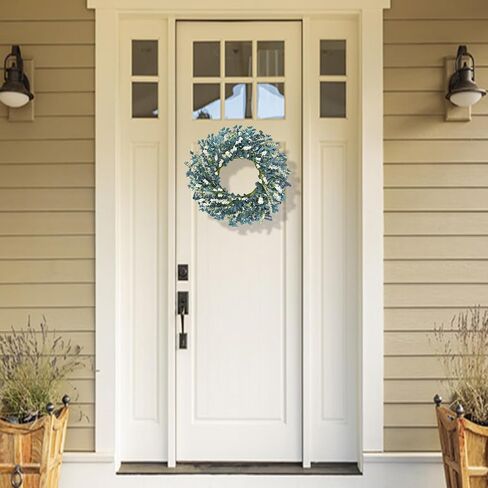 22 Inch Blue Floral Wreath for Front Door, Artificial Spring Summer Wreath with Free Pink Sash, All Seasons Eucalyptus Greenery Wreath for Indoor Outdoor Home Wall Wedding Decor in Kuwait
