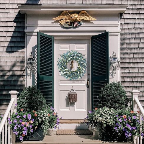 22 Inch Blue Floral Wreath for Front Door, Artificial Spring Summer Wreath with Free Pink Sash, All Seasons Eucalyptus Greenery Wreath for Indoor Outdoor Home Wall Wedding Decor in Kuwait