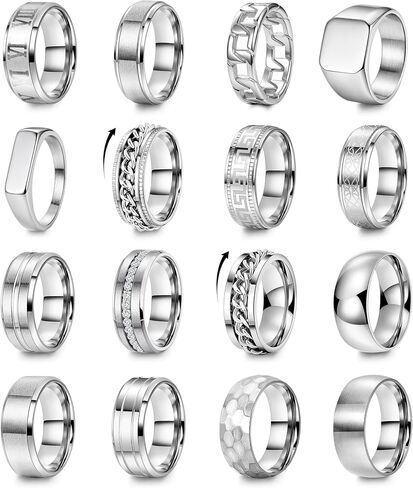 16PCS Silver Stainless Steel Rings Set for Men 8MM Spinning Cuban Link Chain Band Rings Square Signet Hammered Roman Numeral Silver Rings Engagement Wedding Promise Rings Set Size7-13 in Saudi Arabia
