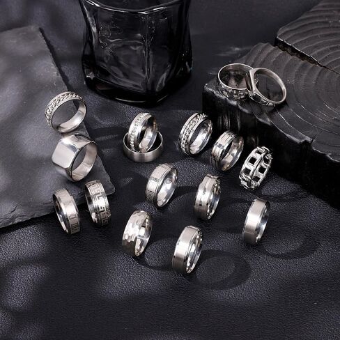 16PCS Silver Stainless Steel Rings Set for Men 8MM Spinning Cuban Link Chain Band Rings Square Signet Hammered Roman Numeral Silver Rings Engagement Wedding Promise Rings Set Size7-13 in Saudi Arabia