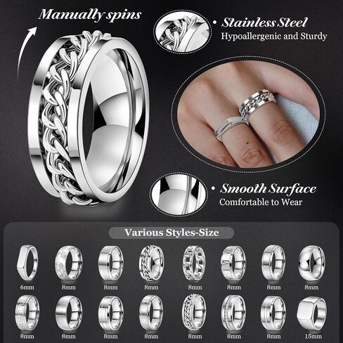 16PCS Silver Stainless Steel Rings Set for Men 8MM Spinning Cuban Link Chain Band Rings Square Signet Hammered Roman Numeral Silver Rings Engagement Wedding Promise Rings Set Size7-13 in Saudi Arabia